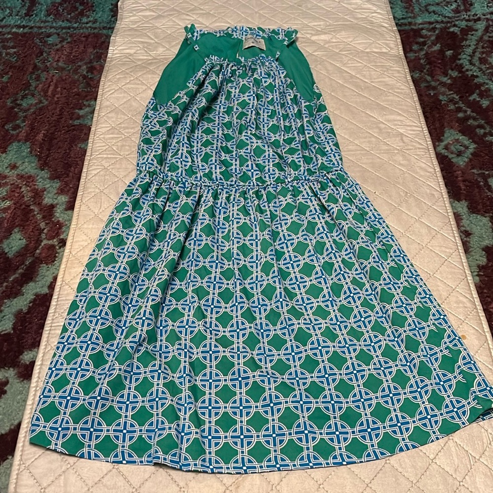 Green mosaic print halter mini dress